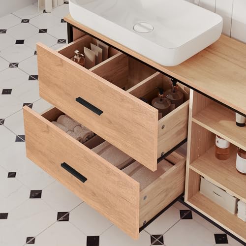 Eugad Armoire de toilette avec 2 tiroirs et 3 compartiments ouverts Chêne clair - Noir 90 x 30 x 60 cm