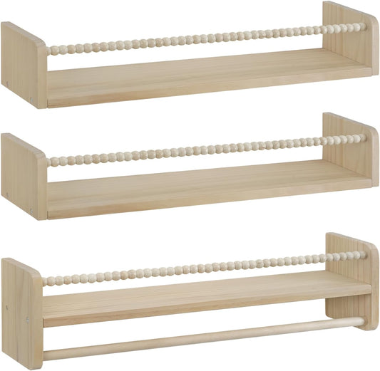 Woltu Lot de 3 étagères murales Montessori - 60 x 14 x 15 cm - Pin massif - Bois naturel - Etagères murales pour livres, jouets et décorations