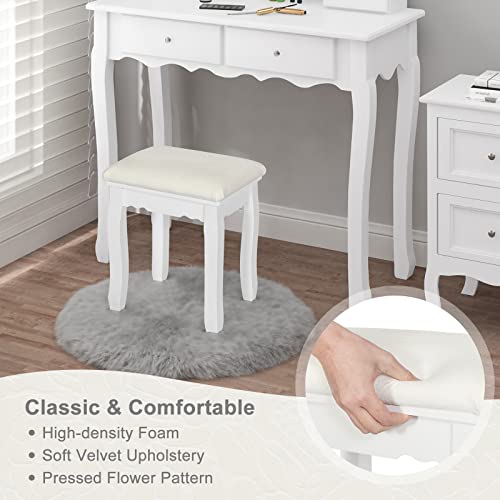 Woltu Make-up Stool Baroque - Tabouret en bois recouvert de velours blanc - 37 x 28 x 44.5 cm