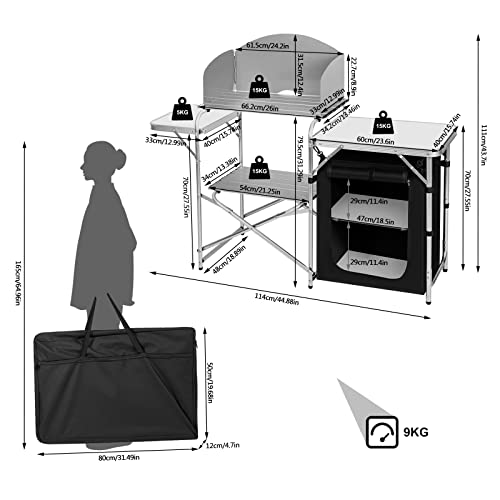Table de camping Woltu Noir/Blanc - Cuisine de camping pliable avec sac de rangement - 147 x 40 x 111 cm