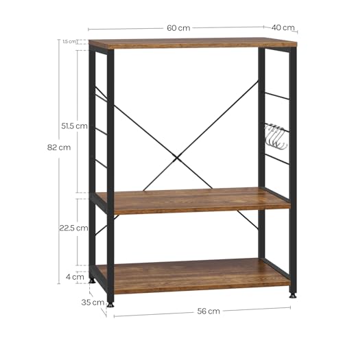Woltu Kitchen Rack with 4 S-Shaped Hooks - Chariot de cuisine en acier avec étagères en MDF - Noir - 60 x 40 x 82 cm