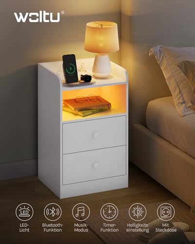 Woltu Table de chevet avec éclairage LED et prise Blanc 40 x 35 x 64 cm