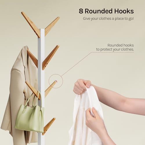 Porte-manteau vertical Woltu avec 8 crochets - Bois massif blanc + naturel - Hauteur 180 cm