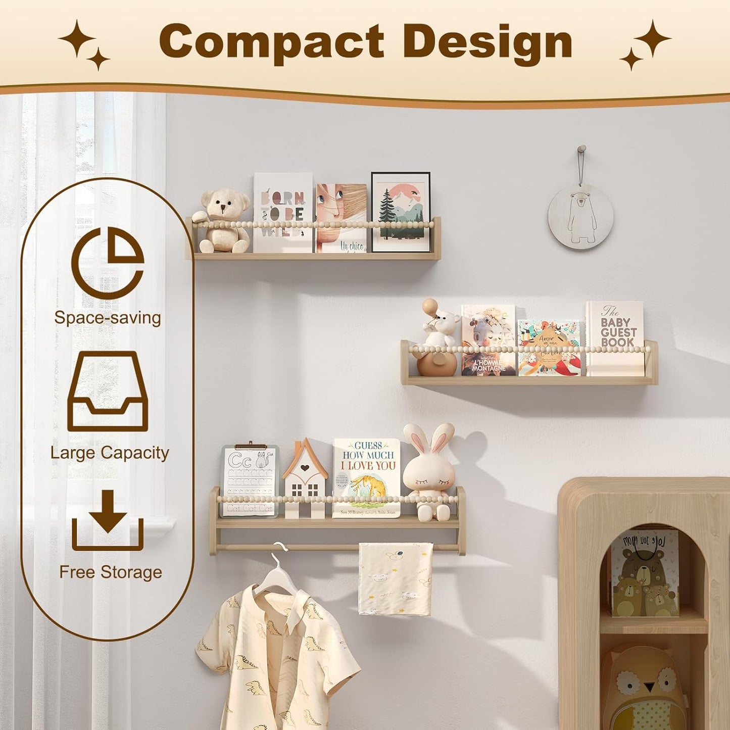 Woltu Lot de 3 étagères murales Montessori - 60 x 14 x 15 cm - Pin massif - Bois naturel - Etagères murales pour livres, jouets et décorations