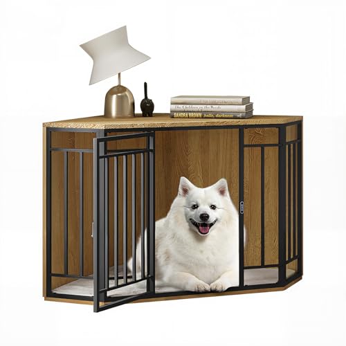 Niche d'angle Eugad avec porte et coussin - Bois/métal - 111x67x60 cm - Gris