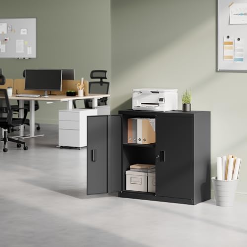 Woltu Armoire de rangement avec étagère réglable - Armoire en métal avec serrure - Noir - 90 x 92 x 40 cm