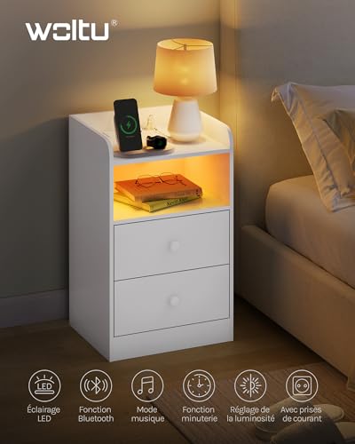 Woltu Table de nuit avec station de recharge et éclairage LED blanc 40x35x64 cm