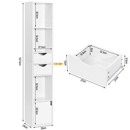 Woltu Bookcase SK028ws Modern - Armoire verticale en bois avec 3 compartiments ouverts, 2 tiroirs et 1 placard - Blanc - 30 x 24 x 158 cm