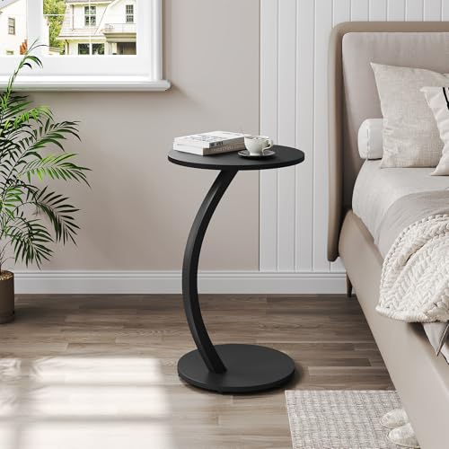 Woltu Side Table C-Shape Round - Métal noir & MDF - Ø 40 x H 65 cm - Compact et industriel