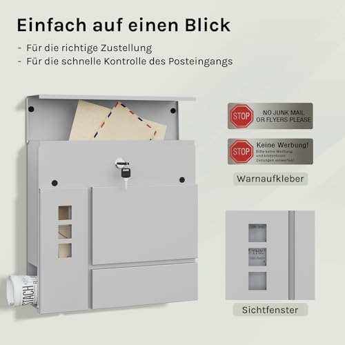 Boîte aux lettres Woltu avec compartiment pour journaux et fenêtres de visualisation Gris 37 x 37 x 10,5 cm