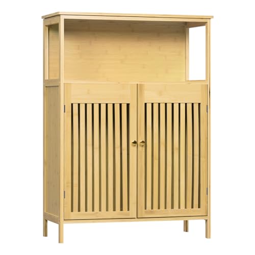 Eugad Armoire de salle de bain avec 2 portes à lamelles et étagères réglables - Couleur bambou 70 x 98 x 32 cm
