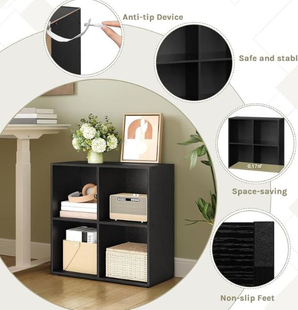 Woltu Bookcase with 4 Compartments - Low Storage Cabinet 59.6 x 29 x 59.8 cm - Multifunctional Wooden Cabinet - Scandinavian Design - Black