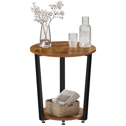 Woltu Table basse ronde avec 2 étagères - Métal et bois - Brun rustique - 50 x 53 x 50 cm