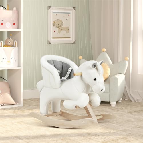 Cheval à bascule Woltu avec son et sangle de sécurité - blanc et gris - rembourrage en peluche