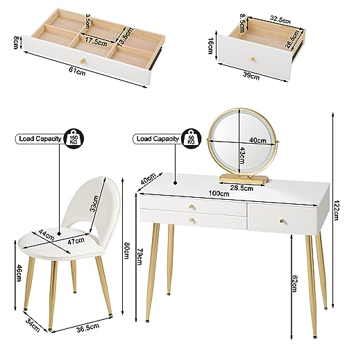 Woltu Make-up Table MB6105ws avec tabouret et miroir LED - Bureau de maquillage en bois avec éclairage réglable, 3 tiroirs, siège en velours avec dossier - blanc, crème et or - 100x40 cm