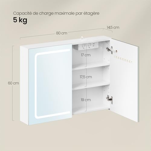 Armoire de toilette Eugad avec miroir LED et lumière tactile - Blanc - 80 x 14,5 x 60 cm