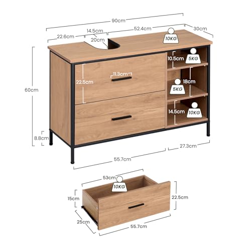 Eugad Armoire de toilette avec 2 tiroirs et 3 compartiments ouverts Chêne clair - Noir 90 x 30 x 60 cm