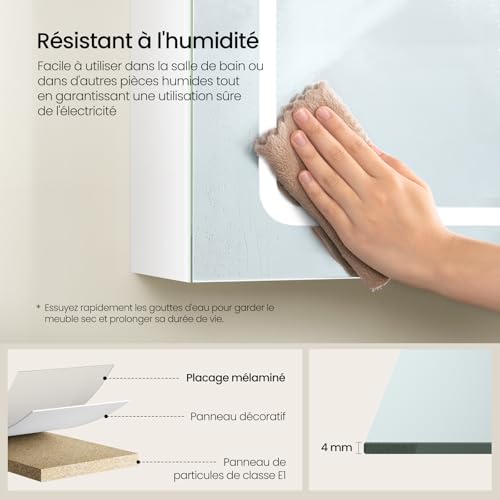 Armoire de toilette Eugad avec miroir LED et lumière tactile - Blanc - 80 x 14,5 x 60 cm