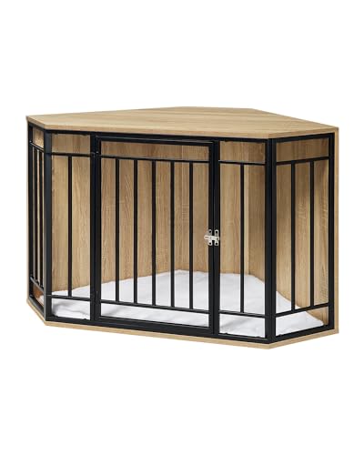 Niche d'angle Eugad avec porte et coussin - Bois/métal - 111x67x60 cm - Gris