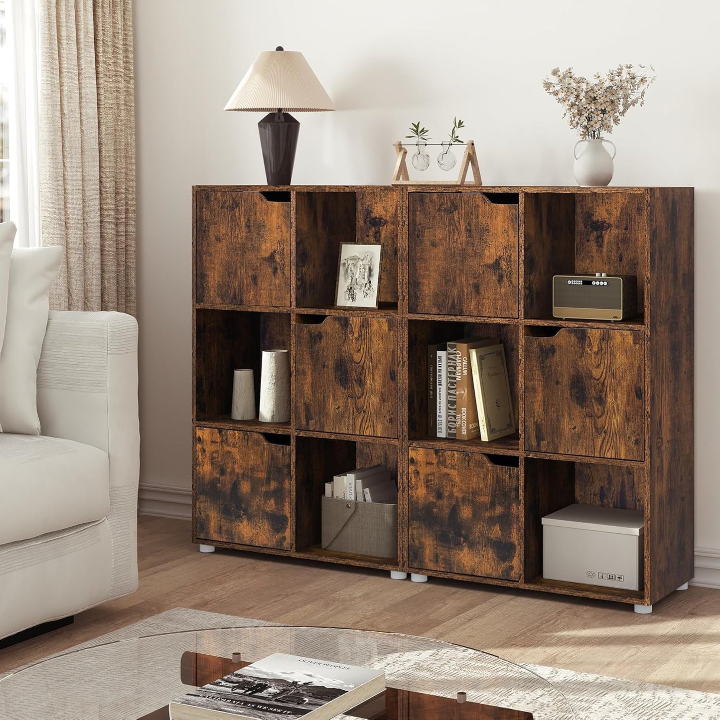 Woltu 6-Drawer Bookcase with Doors - Rustic Brown - 59,6 x 29 x 91 cm - Meuble de rangement avec 6 compartiments pour le salon, le bureau et la chambre à coucher
