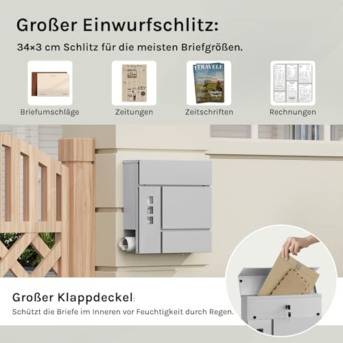 Boîte aux lettres Woltu avec compartiment pour journaux et fenêtres de visualisation Gris 37 x 37 x 10,5 cm