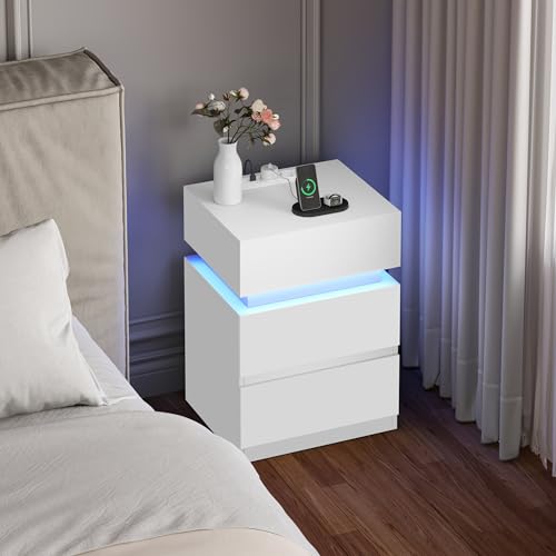 Woltu Table de nuit avec prise et éclairage LED - Blanc - 40 x 35 x 55 cm - 2 tiroirs et 1 compartiment de rangement - Moderne et multifonctionnel