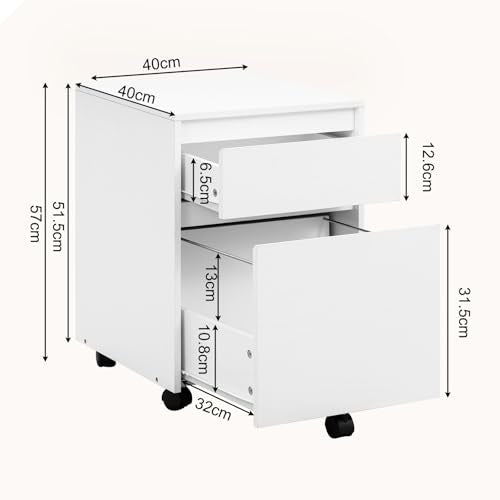 Woltu Rolling Drawer Cabinet ASK11ws - Conteneur de bureau mobile avec 2 tiroirs - Blanc - 40 x 56 x 40 cm