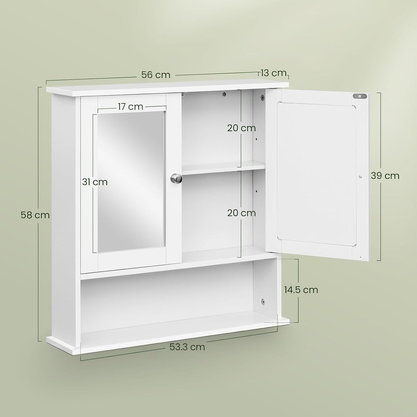 Eugad Armoire de toilette avec miroir - Armoire murale MDF résistant à l'humidité - Etagère réglable - Blanc - 56 x 13 x 58,5 cm