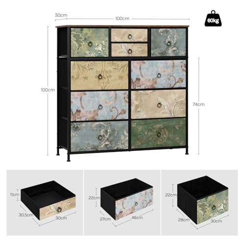 Commode Woltu avec 10 tiroirs Motif floral vintage - Marron - 100 x 100 x 30 cm