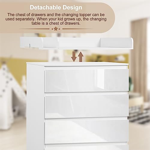 Commode Woltu avec matelas à langer amovible et 4 tiroirs - Blanc brillant - Hauteur 110 cm