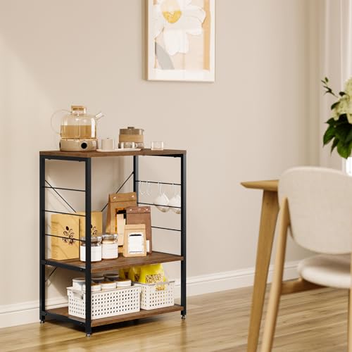 Woltu Kitchen Rack with 4 S-Shaped Hooks - Chariot de cuisine en acier avec étagères en MDF - Noir - 60 x 40 x 82 cm