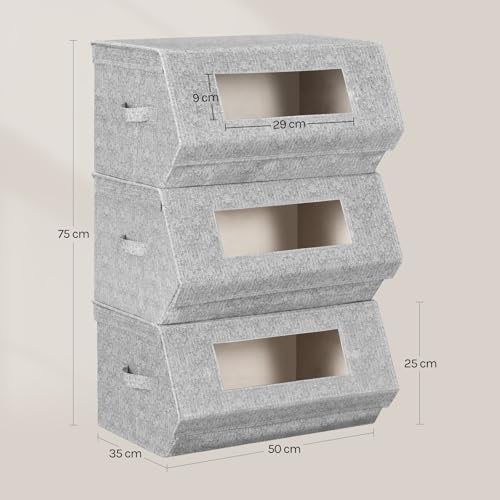 Woltu Boîtes de rangement empilables avec couvercle Gris et Beige 50x25x35 cm Lot de 3