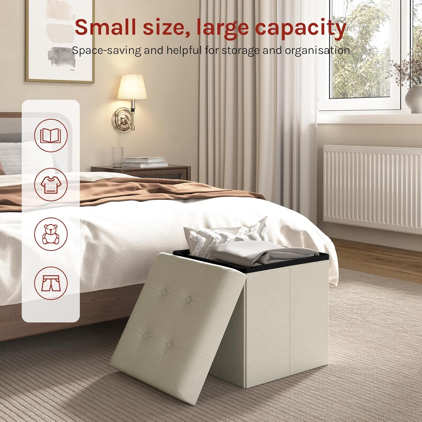 Woltu Tabouret de rangement pliable avec couvercle - Lin blanc cassé - 37,5 x 37,5 x 38 cm - Tabouret et pouf de rangement 35L