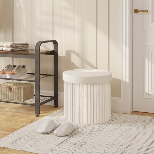 Tabouret de rangement Woltu avec couvercle - Crème velours - Ø38 x H36 cm