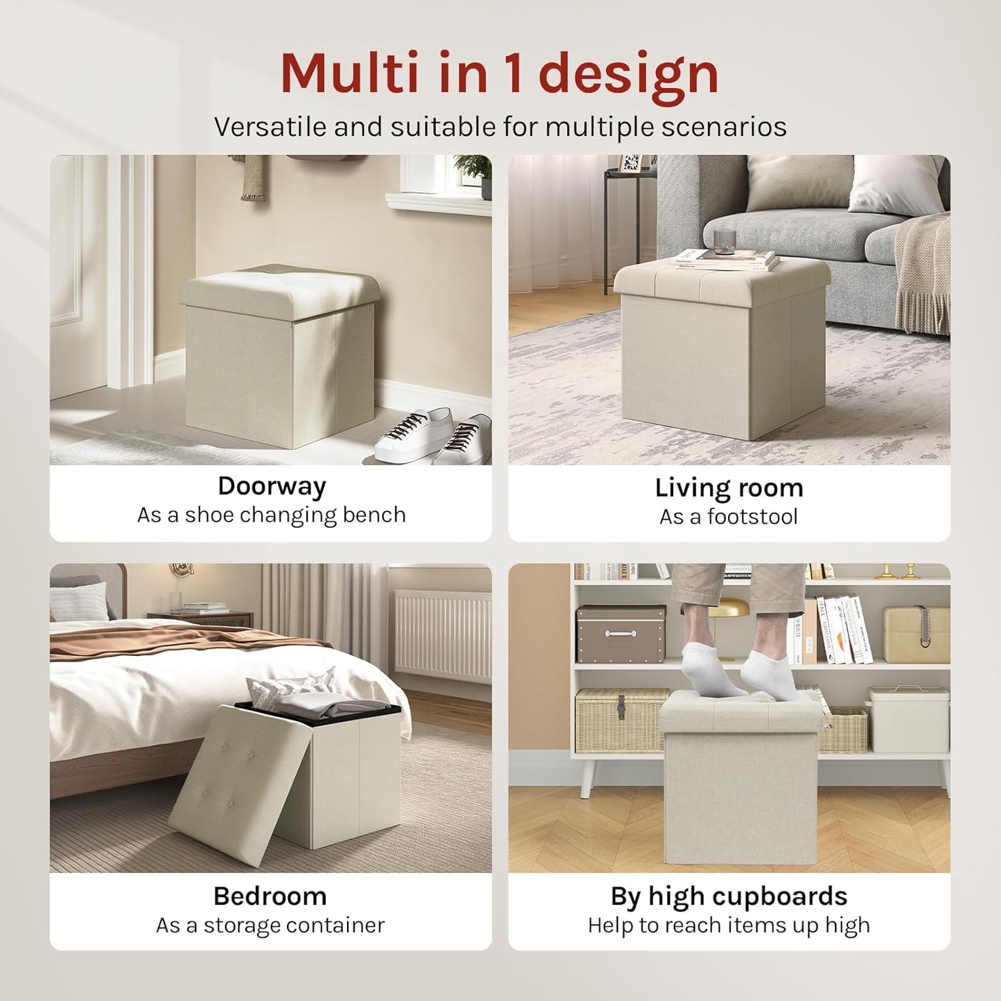 Woltu Tabouret de rangement pliable avec couvercle - Lin blanc cassé - 37,5 x 37,5 x 38 cm - Tabouret et pouf de rangement 35L