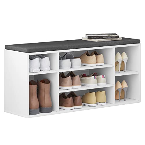 Woltu Shoe Bench with 7 Compartments - Rangement pour chaussures en bois avec siège et coussin - White with Grey - 103,5 x 48 x 30 cm
