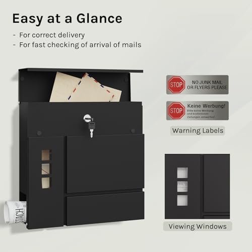 Boîte aux lettres Woltu avec compartiment pour journaux - Noir moderne - 37 x 37 x 10,5 cm