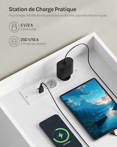 Woltu Table de nuit avec station de recharge et éclairage LED blanc 40x35x64 cm