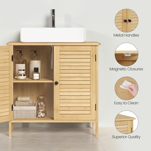 Eugad Armoire de salle de bain en bambou avec 2 portes - Armoire de buanderie sur pied - Bambou/Naturel - 60 x 30 x 60 cm