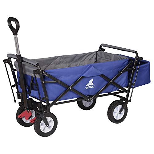 Chariot de transport Woltu pliable - châssis robuste en acier bleu - capacité de 80 kg, avec frein et pare-soleil amovible - 4 roues pivotantes 100x50x90 cm