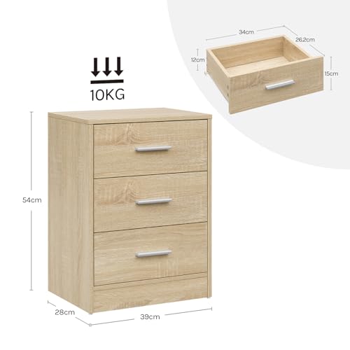 Woltu Lot de 2 tables de chevet à 3 tiroirs - Chêne clair - 39 x 54 x 28 cm