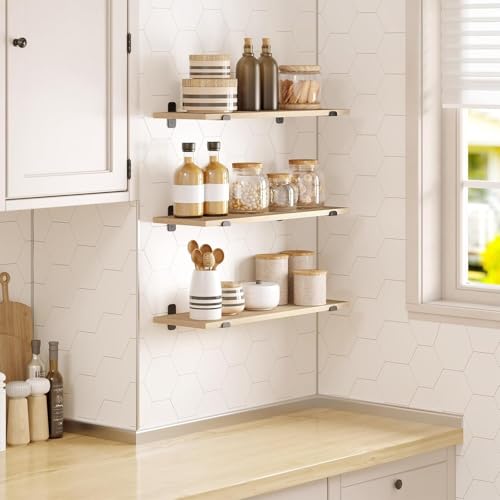 Eugad Set de 3 étagères murales flottantes de style rétro - Noir et bois clair - 60 x 20 x 7 cm