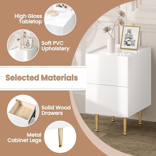 Woltu Table de nuit avec 2 tiroirs High Gloss - Bois PVC + Métal Blanc + Or - 30 x 40 x 51 cm