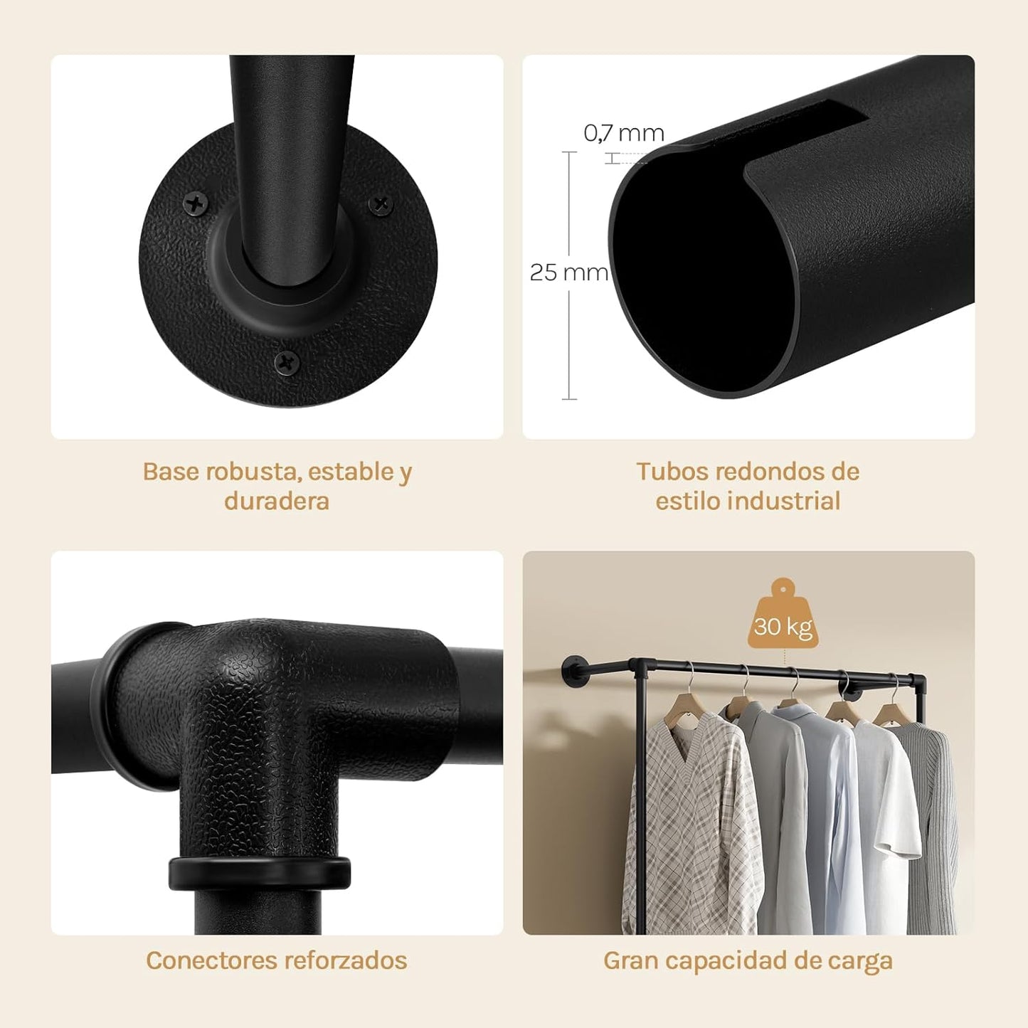 Portemanteau mural industriel Woltu avec 2 rails de suspension - Armoire ouverte en métal - Noir - 102,5 x 36,5 x 187 cm