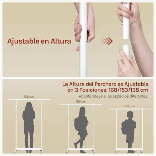 Woltu Porte-vêtements à roulettes et rack de rangement blanc - Réglable de 92,5 à 132,5 cm - Capacité de charge maximale de 70 kg