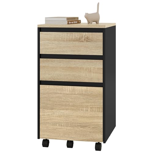 Commode mobile Woltu avec 3 tiroirs - Chêne clair noir - 40 x 71,5 x 40 cm