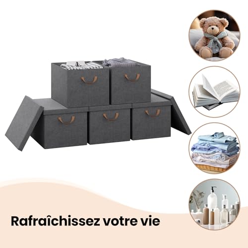 Boîte de rangement pliable Woltu avec couvercle et poignées, gris, 48 x 30 x 36 cm - Lot de 5