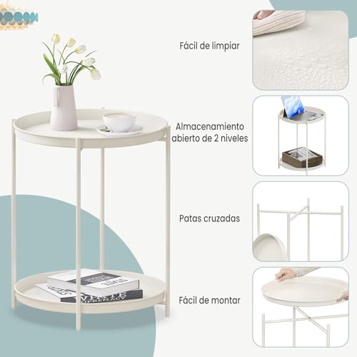 Table d'appoint ronde Woltu avec 2 étagères amovibles - Métal, Crème - Ø44 cm, Hauteur 57 cm