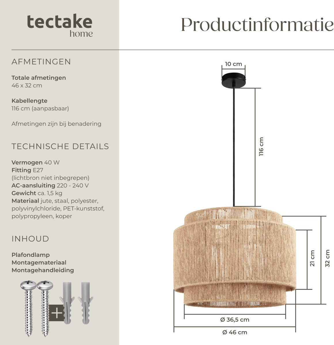 tectake® Plafonnier Lignea Lux - Lampe pendante Boho - Jute Nature - Ø46 x 32 cm - 40W