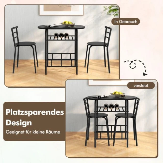Coast Dining Table Set Black - 3-Piece Bar Table Set with 2 Chairs and Wine Rack - Table 80 x 53 x 77 cm